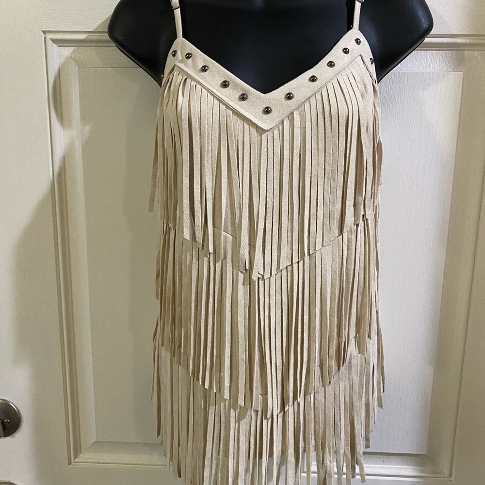 Vocal Triple Tier Fringe Adjustable Strap Faux Suede Camisole Studded Neckline